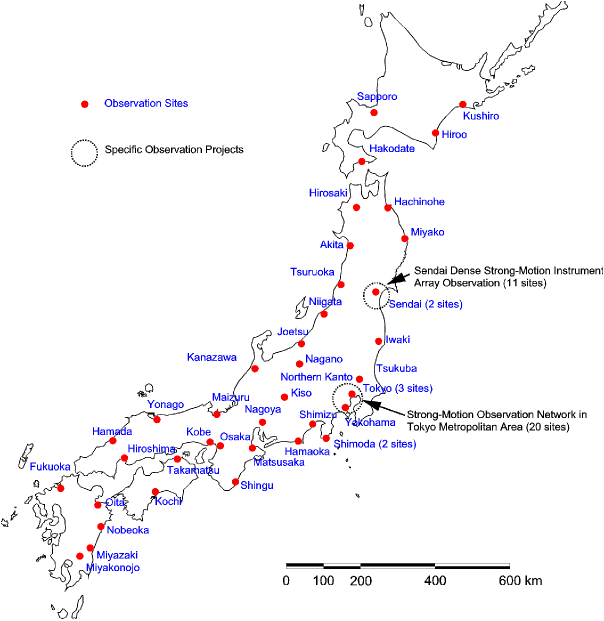 図1:全国強震観測点配置図