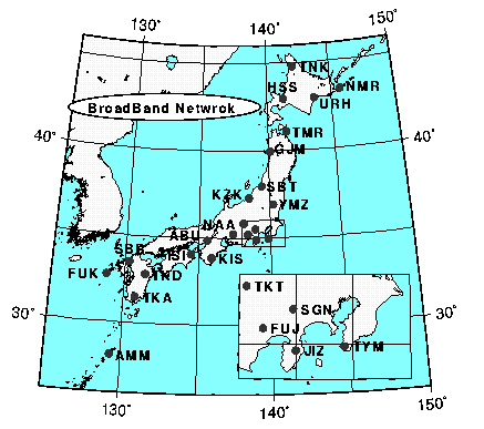 図1:1999年3月末現在の観測点分布(現在建設中の観測点も含む)